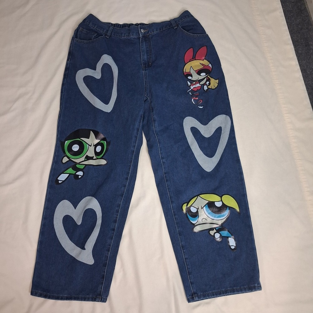 Power Puff Girls Womens Straight Leg Jeans Sz 2X Elastic Waist Kidcore Cartoon